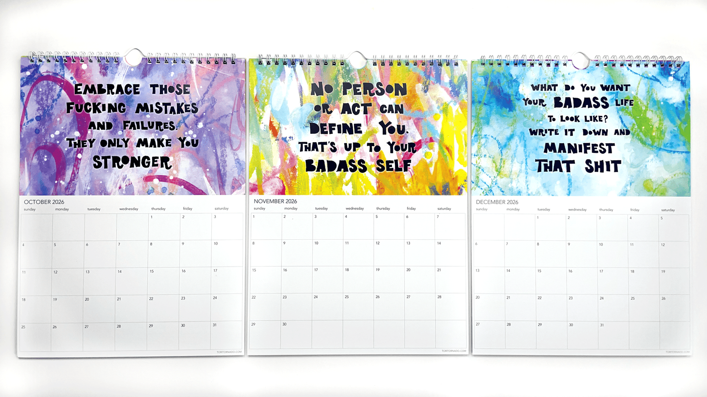 Three calendar pages with swearing motivational quotes on a white background