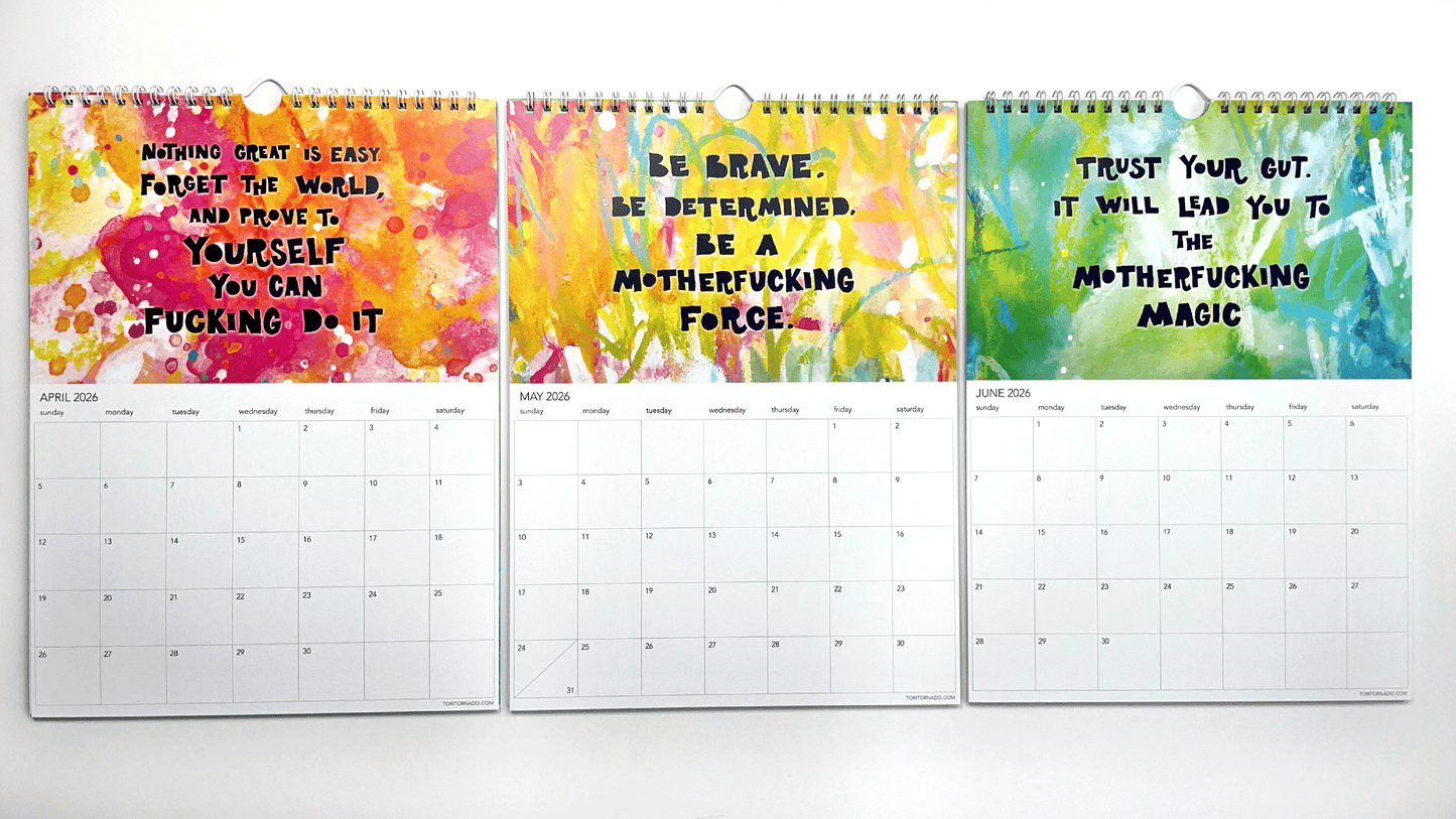 Three calendar pages with colorful abstract designs and swearing motivational quotes on a white background.