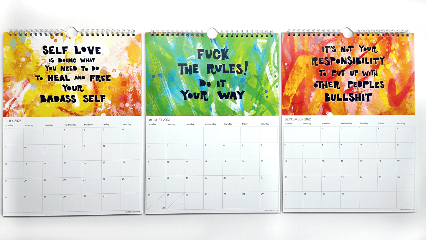 Three calendar pages with colorful abstract designs and swearing motivational text on a white background.